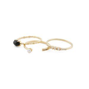 SHIVAM Black Onyx/Gold Made In India 14kt Gold Plated Black Onyx Set Of 3 Rings